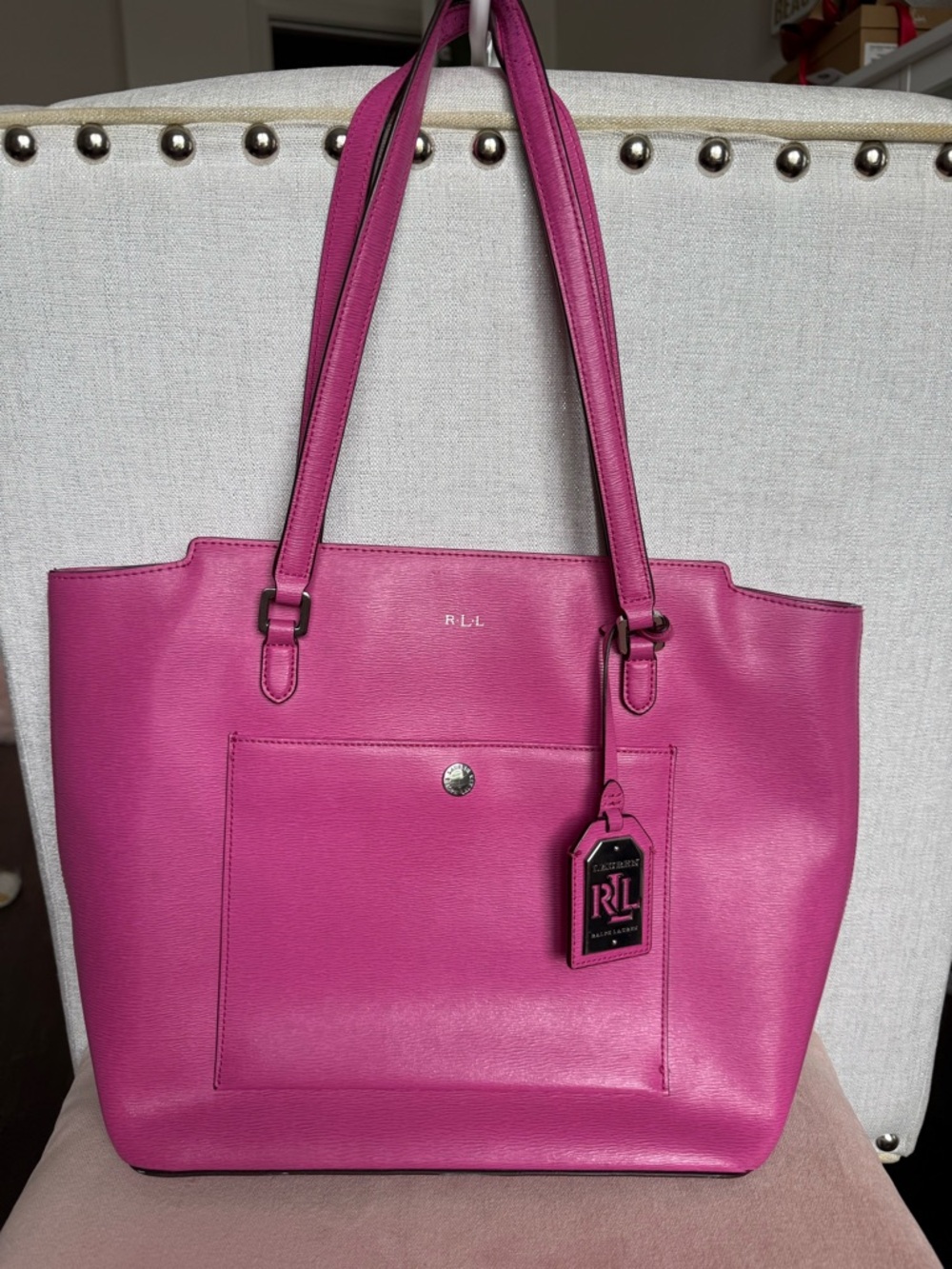Lauren Ralph Lauren Pink Leather Tote Work Bag Barbiecore Large
